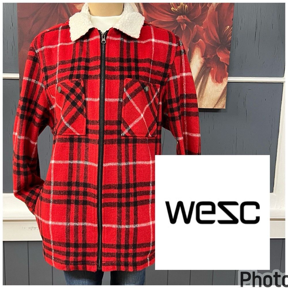 Wesc Liam Jacket Over‎ Shirt Buffalo Plaid Red Flannel Sherpa Full Zip Unlined
